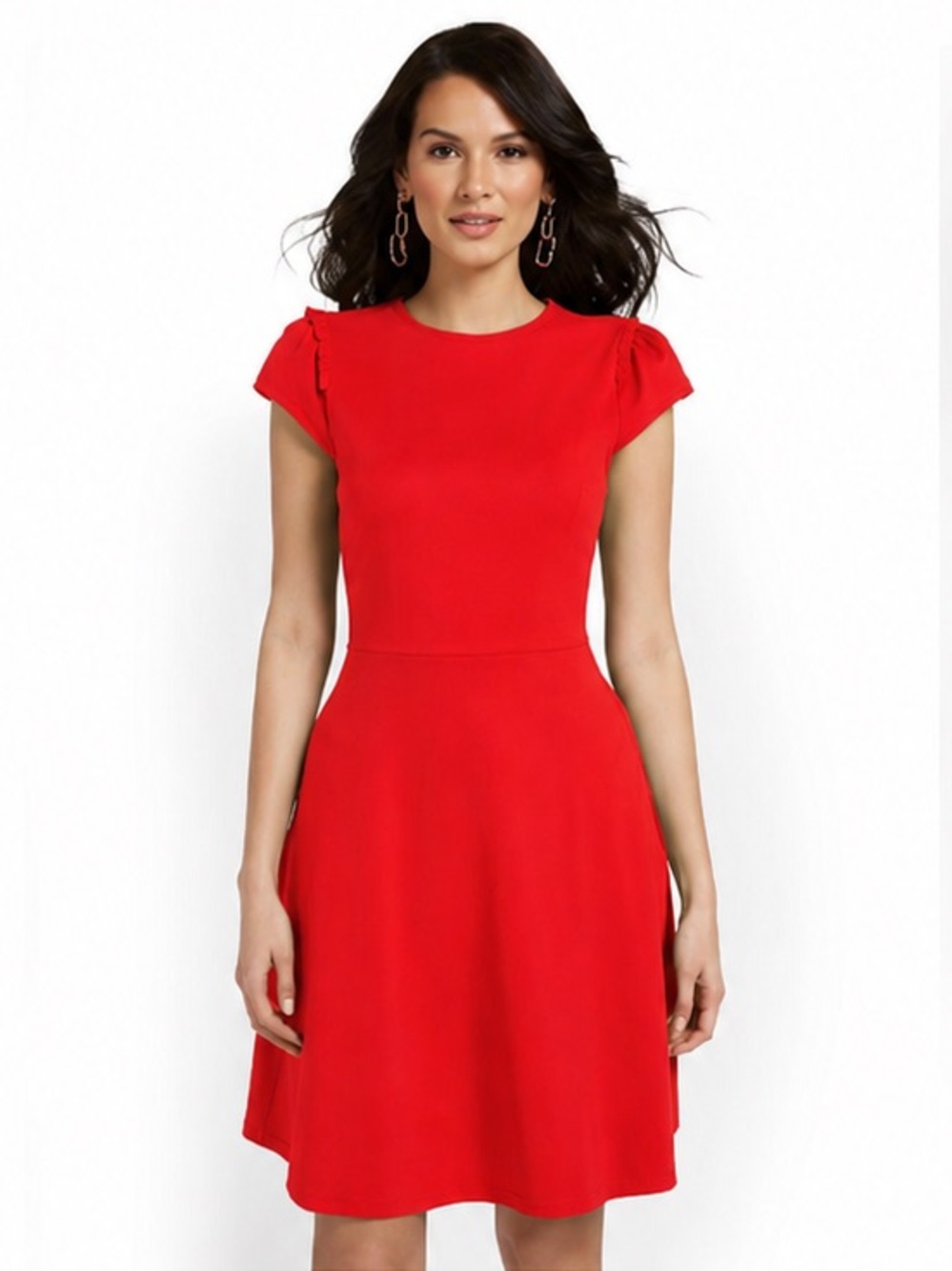 New York & Company Red Puff Sleeve Fit & Flare Dress Size M Pockets